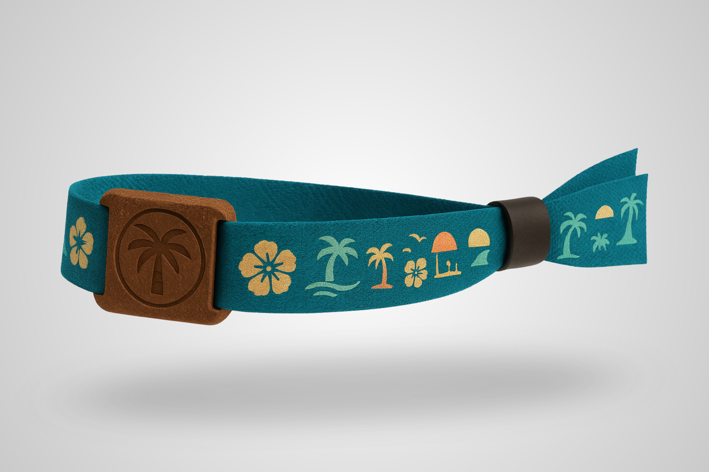 A photo of a fabric wristband with an RFID slider made of coconut