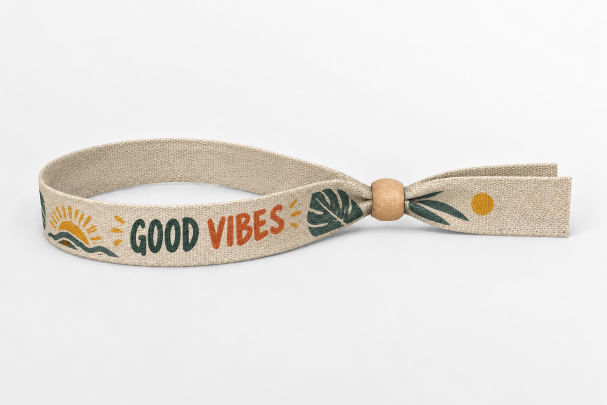 Beżowa opaska bawełniana z kolorowym nadrukiem Good Vibes