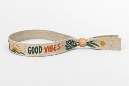Beżowa opaska bawełniana z kolorowym nadrukiem Good Vibes