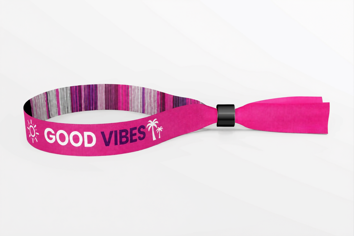 Różowa tkana opaska materiałowa z wtkanym napisem Good Vibes